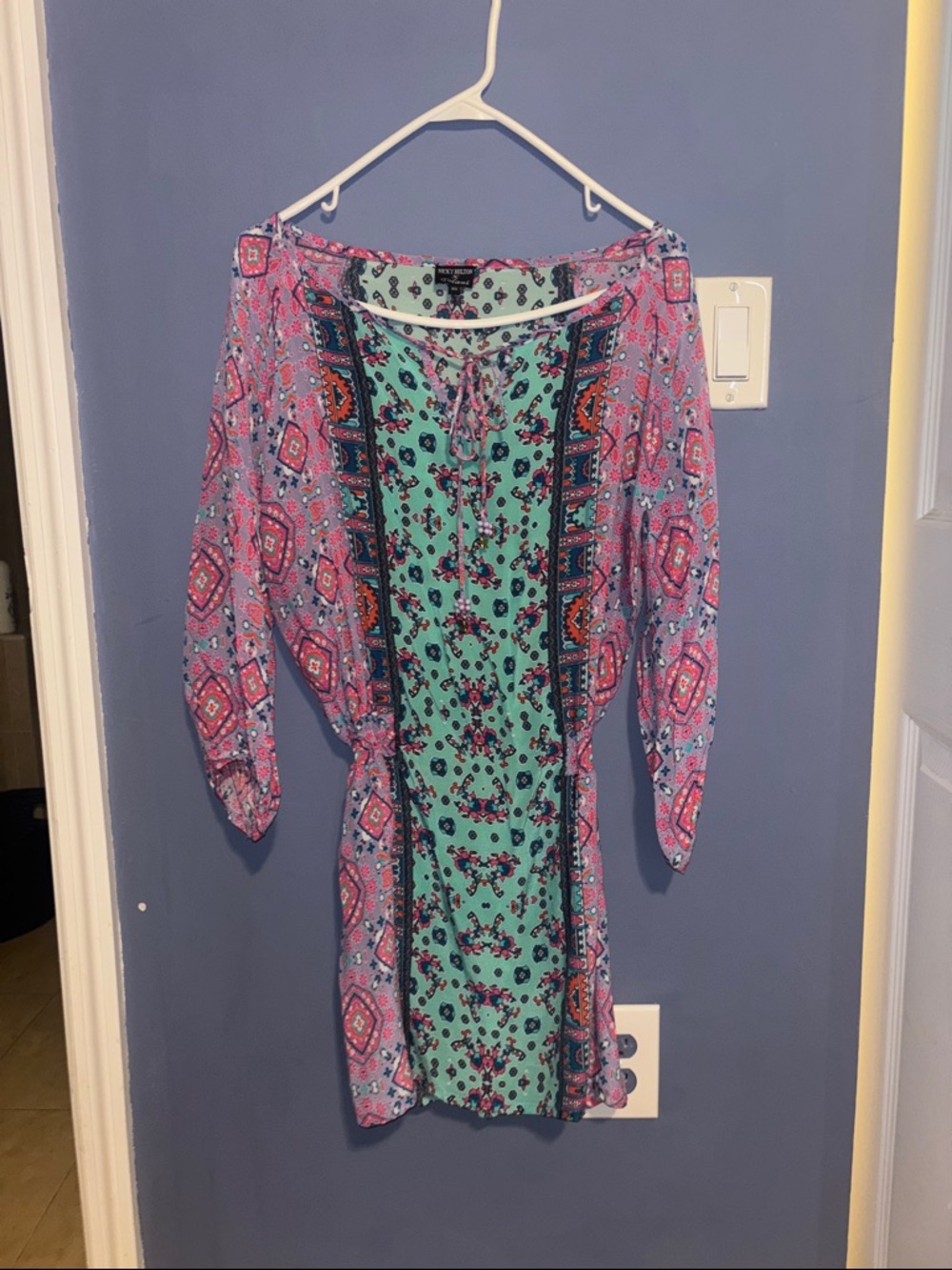 Boho Floral Print Tie-Waist Mini Dress in Mint and Pink NICKY HILTON TOLANI